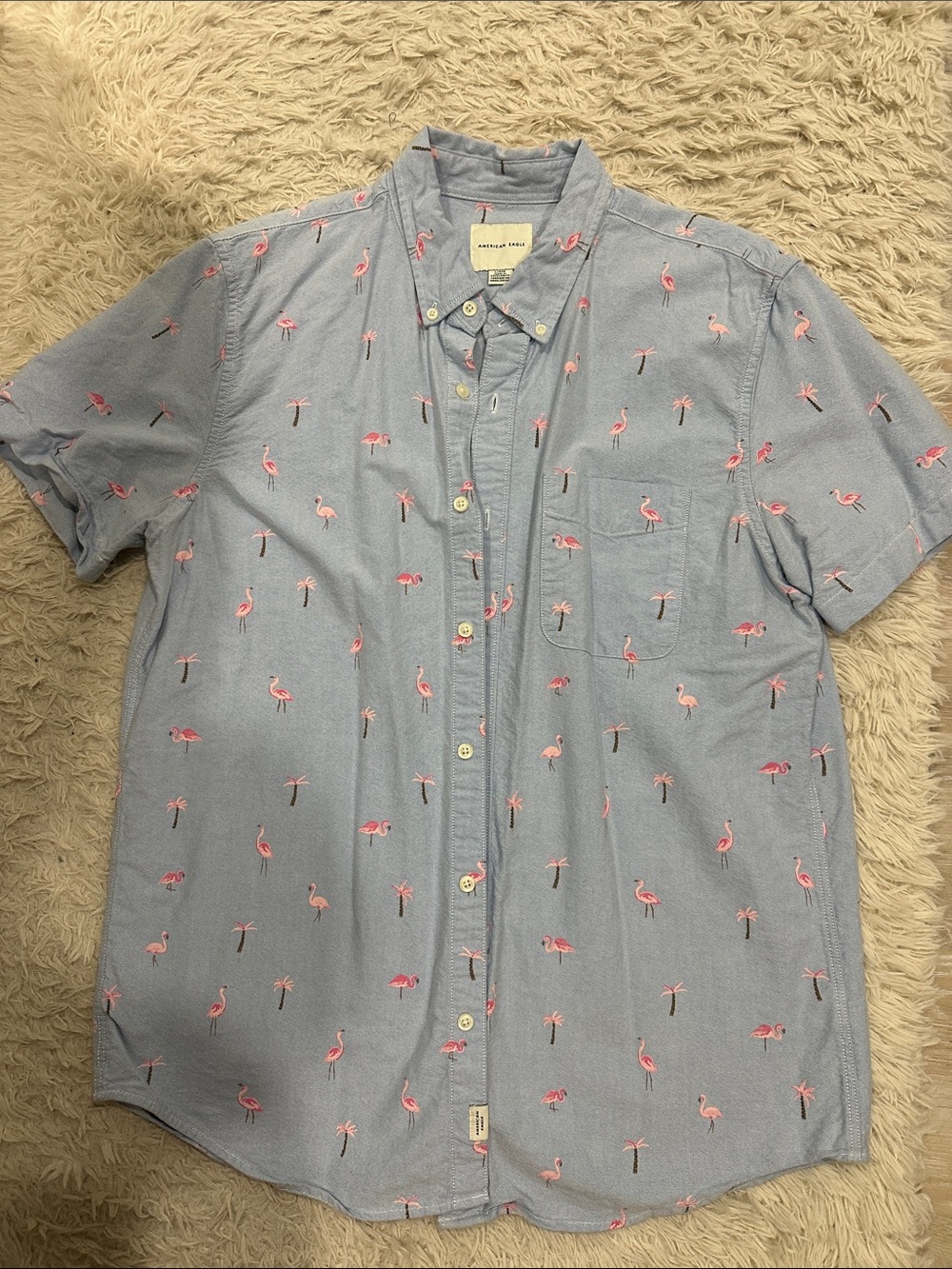 American Eagle Outfitters Light Blue Short-Sleeve Flamingo Button-Up